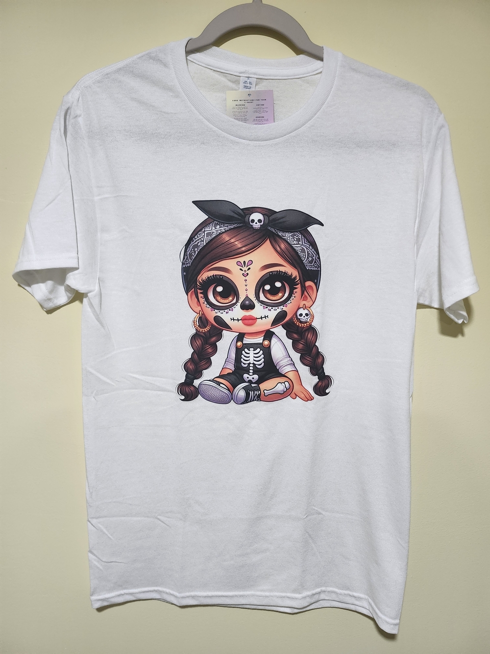 White Kids Tee with Sugar Skull Girl Graphic